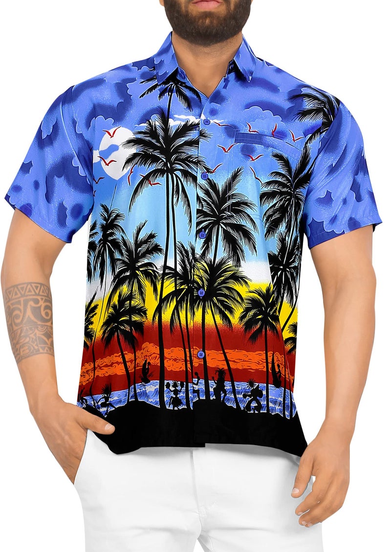 LA LEELA Men's Hawaiian Shirts Short Sleeve Button Down Shirt Mens Hawaii Shirts Boho Holiday Casual Beach Shirts for Men Funny XL Palm Tree, Blue - Image 4